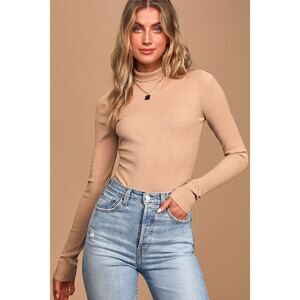 Lulus Basics Wilde Beige Ribbed Long Sleeve Mock Neck Bodysuit - Size S